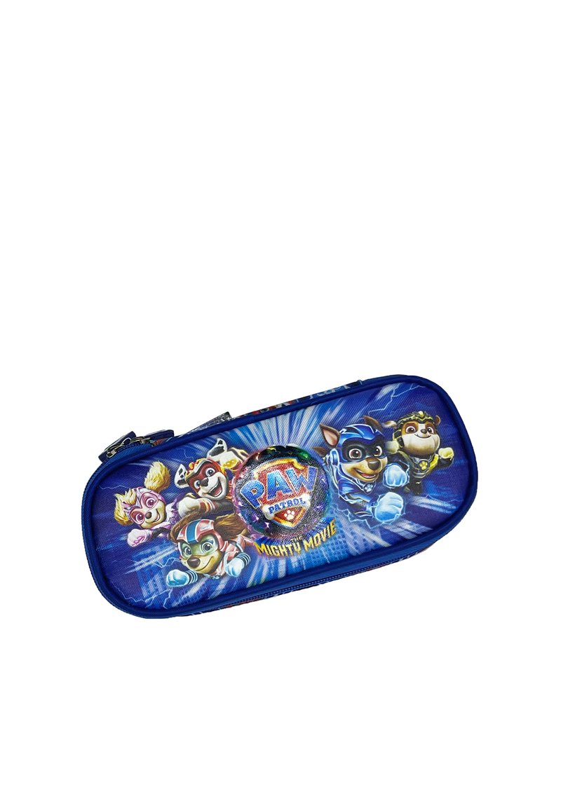 Astuccio con un esterno in tessuto blu, decorato con personaggi dei cartoni animati colorati e il logo "PAW Patrol: Mighty Movie" in un design circolare.