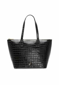 Czarna torba tote z tłoczonym wzorem krokodyla, o gładkiej fakturze, z podwójnymi uchwytami, otwartym wierzchem i subtelnymi złotymi akcentami.