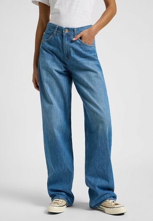 Light blue wide-leg jeans made from denim, featuring a high waist, button closure, and front pockets. Textured fabric with subtle fading.