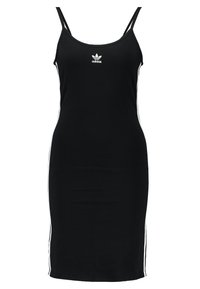 Svart ärmlös klänning i bomull, med vita sidostripes och en liten logotyp på bröstet. Enkel, figurnära design.