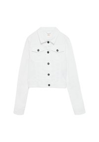 Weiße, taillierte Denimjacke mit Kragen, zwei Brusttaschen und silbernen Knöpfen. Hat lange Ärmel und ein minimalistisches Design.
