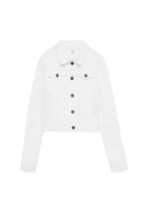 Weiße, taillierte Denimjacke mit Kragen, zwei Brusttaschen und silbernen Knöpfen. Hat lange Ärmel und ein minimalistisches Design.