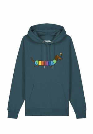 Tealfarbener Hoodie mit Fronttasche, der einen farbenfrohen gestreiften Dackel zeigt, der eine gelbe Blume im Maul hält.