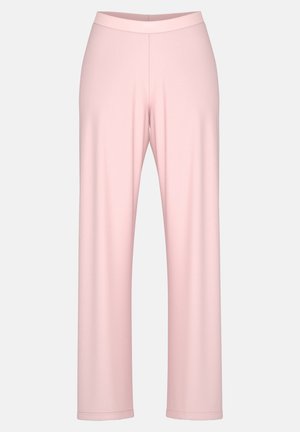 Pantalon ample de couleur rose clair, fabriqué en tissu doux à la texture lisse, avec une ceinture élastique confortable pour un porté facile.