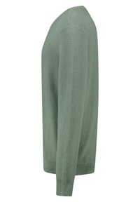 Green knitted sweater with a textured pattern, crew neckline, and long sleeves. Features ribbed cuffs and hem for a fitted finish.