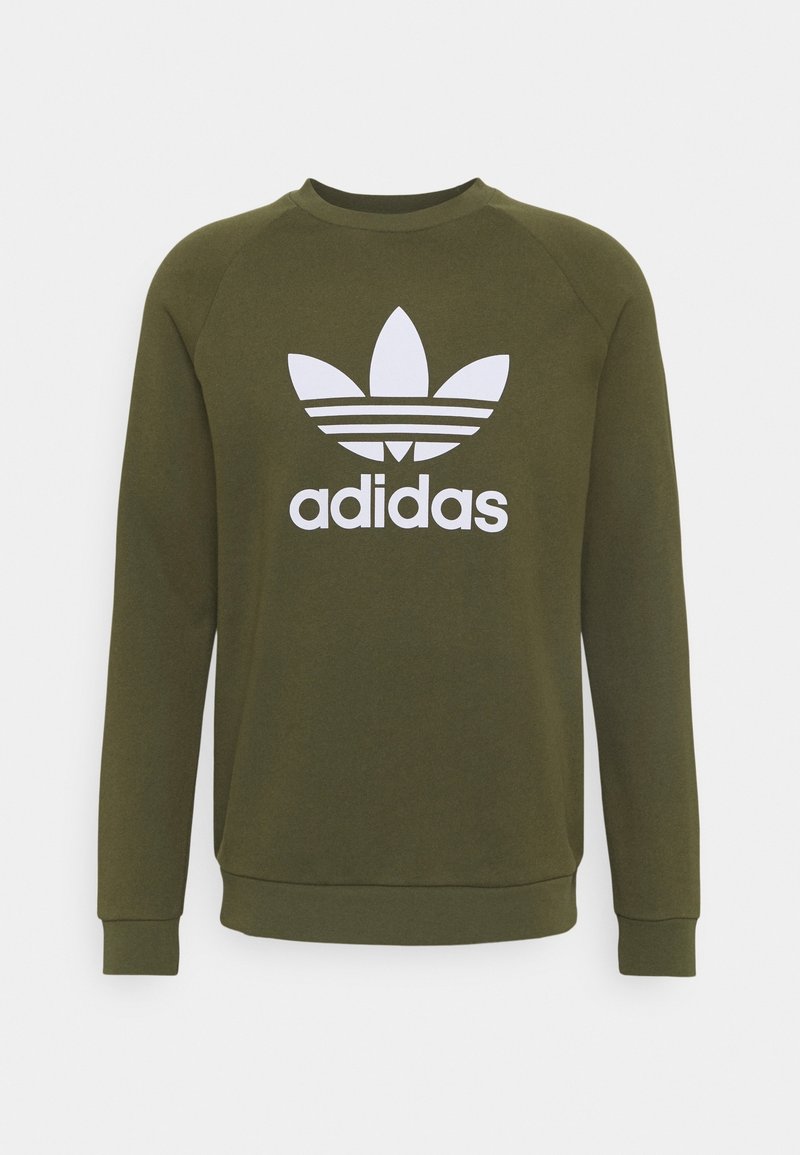 Sudadera verde oliva con mangas largas, cuello redondo y el logo blanco de Adidas trefoil en el frente. Hecha de tela suave.