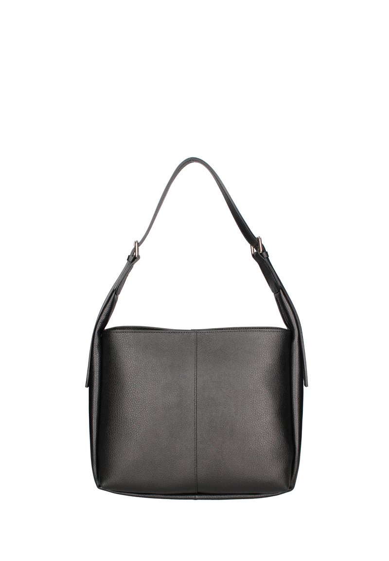 Borsa a tracolla nera in pelle con una texture liscia, una tracolla regolabile singola e forma rettangolare. Design semplice senza hardware visibile.
