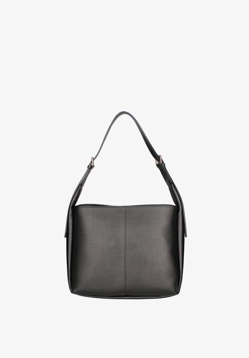 Borsa a tracolla nera in pelle con una texture liscia, una tracolla regolabile singola e forma rettangolare. Design semplice senza hardware visibile.