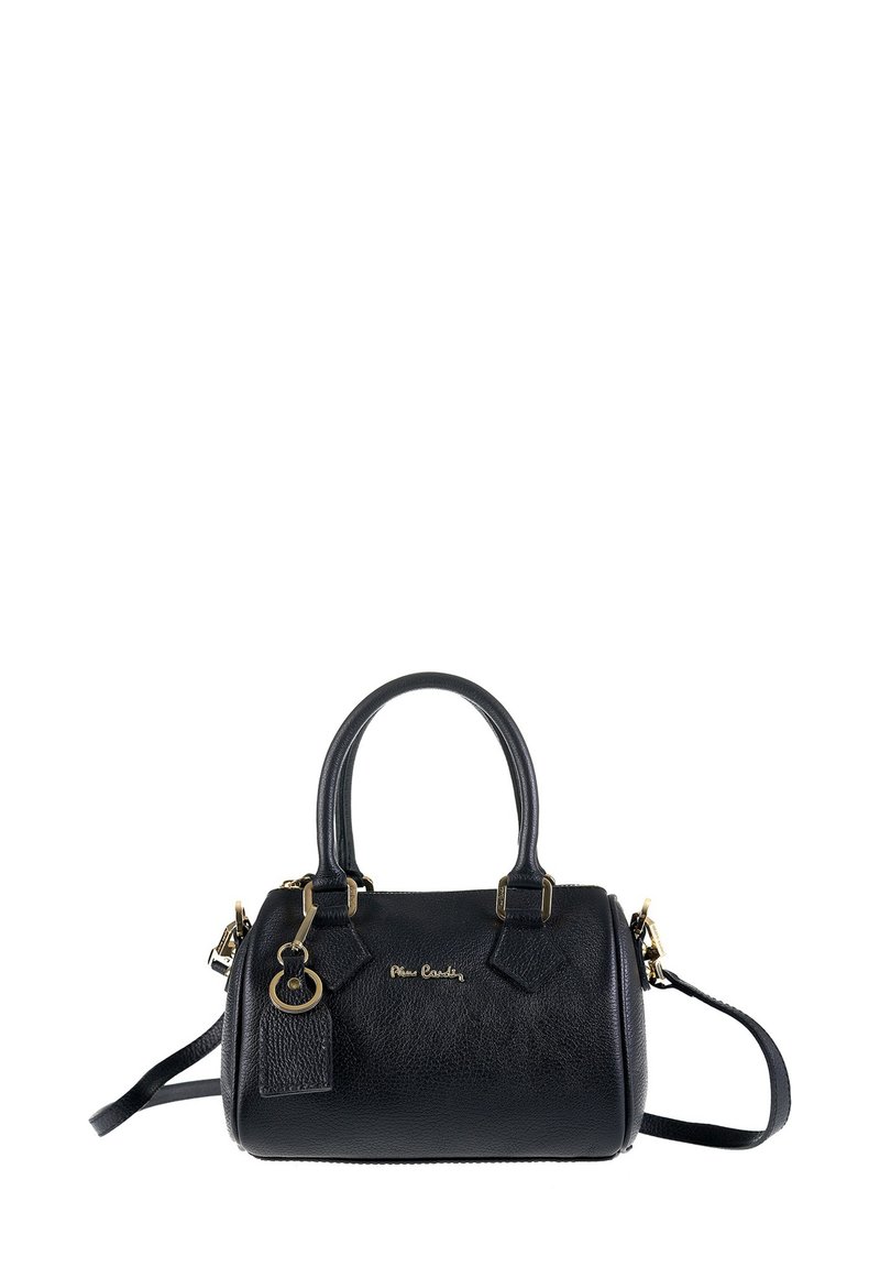 Borsa a tracolla in pelle nera con finitura testurizzata, dettagli in hardware dorato, manici corti e tracolla regolabile. Chiusura con zip.