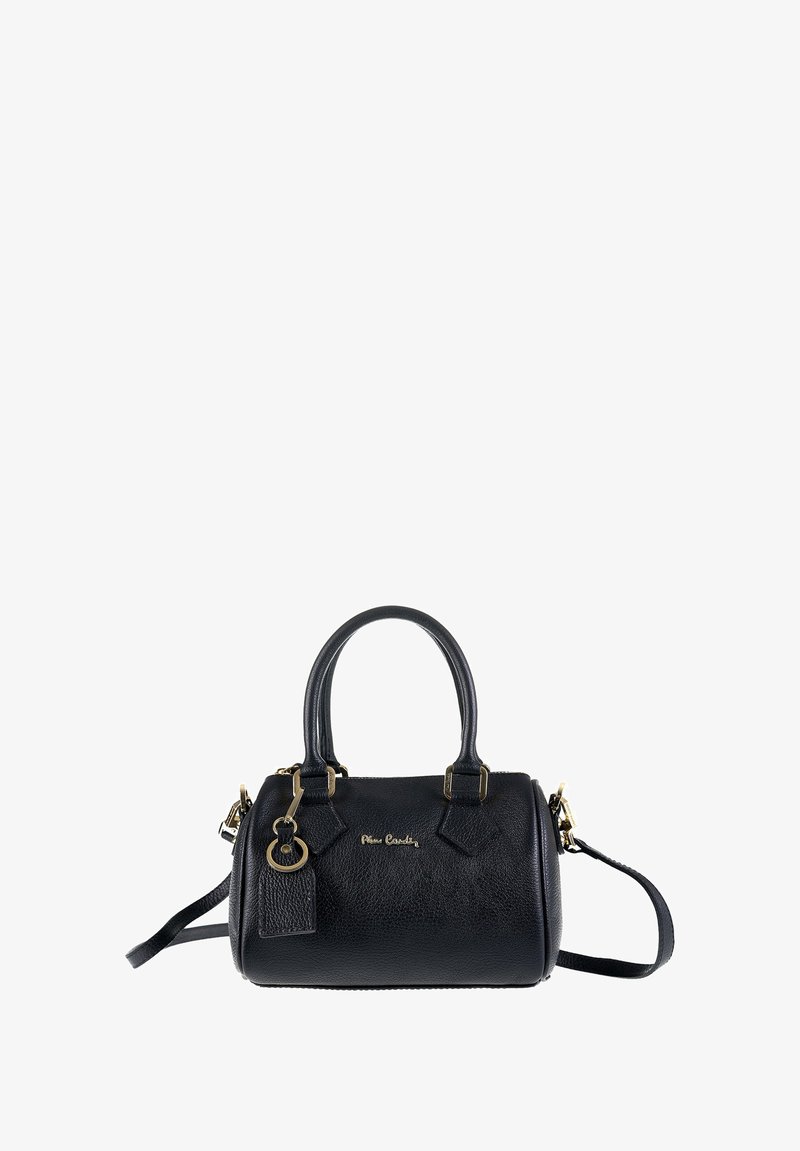 Borsa a tracolla in pelle nera con finitura testurizzata, dettagli in hardware dorato, manici corti e tracolla regolabile. Chiusura con zip.