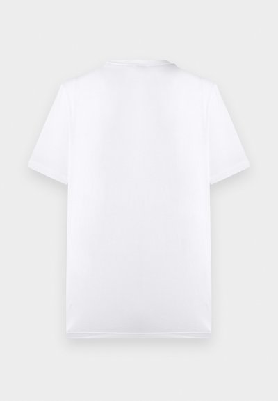 T-shirt blanc uni à manches courtes avec col rond, vu de dos sur un fond gris clair.