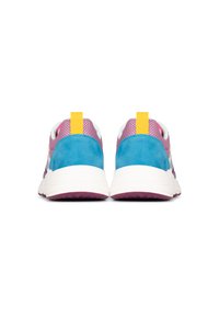 Sneakers featuring a blue suede and pink mesh upper, white midsole, and a yellow heel tab. Treaded rubber outsole visible.