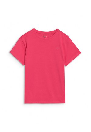 Prosty t-shirt z krótkim rękawem i okrągłym dekoltem w intensywnie różowym kolorze z subtelnym logo "4F" na lewej stronie klatki piersiowej.