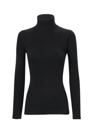 Maglione a collo alto nero realizzato in materiale liscio ed elasticizzato. Presenta maniche lunghe e un design aderente con un colletto alto. Nessun motivo o dettaglio visibile.