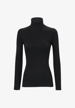 Maglione a collo alto nero realizzato in materiale liscio ed elasticizzato. Presenta maniche lunghe e un design aderente con un colletto alto. Nessun motivo o dettaglio visibile.