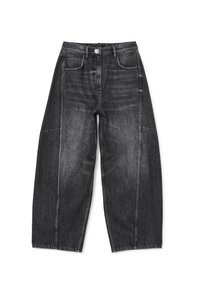 Wijdvallende zwarte denim jeans met een vervaagde afwerking, voorzien van vijf zakken en gedetailleerde stiksels. De tailleband heeft een decoratieve knop.