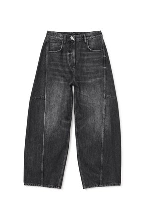Wide-leg black denim jeans with a faded finish, featuring five pockets and detailed stitching. The waistband includes a decorative button.