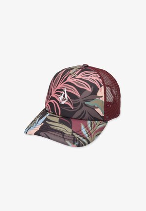Cappello da camionista con un motivo floreale multicolore su uno sfondo scuro, con una parte posteriore in rete bordeaux e un accento con logo bianco sulla parte anteriore.