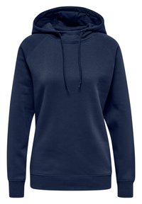 Granatowa bluza z kapturem, z długimi rękawami, przednią kieszenią kangurką, regulowanym sznurkiem i ściągaczami przy rękawach oraz u dołu. Miękka tekstura materiału.