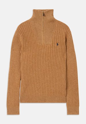 Brown ribbed sweater with a high collar, quarter-zip closure, and small logo on the chest. Soft texture, fitted design, long sleeves.
