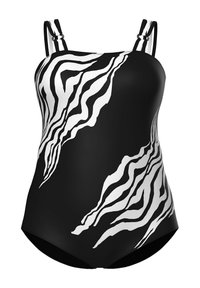 Maillot de bain une pièce noir avec des rayures zèbre abstraites blanches et des bretelles doubles ornées d'anneaux argentés.