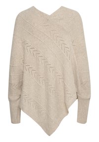 Beige knitted poncho with a V-neck, featuring diagonal ribbed patterns and openwork detailing, finished with long sleeves and an asymmetric hem.