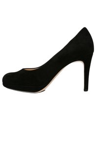Black suede high heel pump with a rounded toe and a sleek design. Features a 4-inch stiletto heel and a smooth, matte finish.