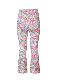 Leggings floraux présentant une variété de couleurs, y compris le rose, le violet, le jaune et le vert ; design ajusté avec un ourlet évasé.
