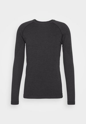 Langärmliges Hemd aus dunkelgrauem Stoff mit strukturierten Akzenten an den Seiten und Schultern. Rundhalsausschnitt, taillierte Passform und keine sichtbaren Metallelemente.