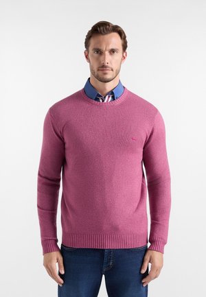 Uomo che indossa un maglione rosa sopra una camicia blu con colletto e jeans blu scuro, in piedi davanti a uno sfondo bianco uniforme.