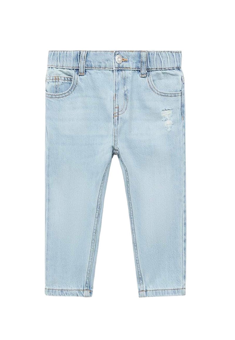 Jeans din denim de culoare albastru deschis, cu un spălare medie, având o talie elastică, cinci buzunare și detalii uzate pe partea din față a coapsei.