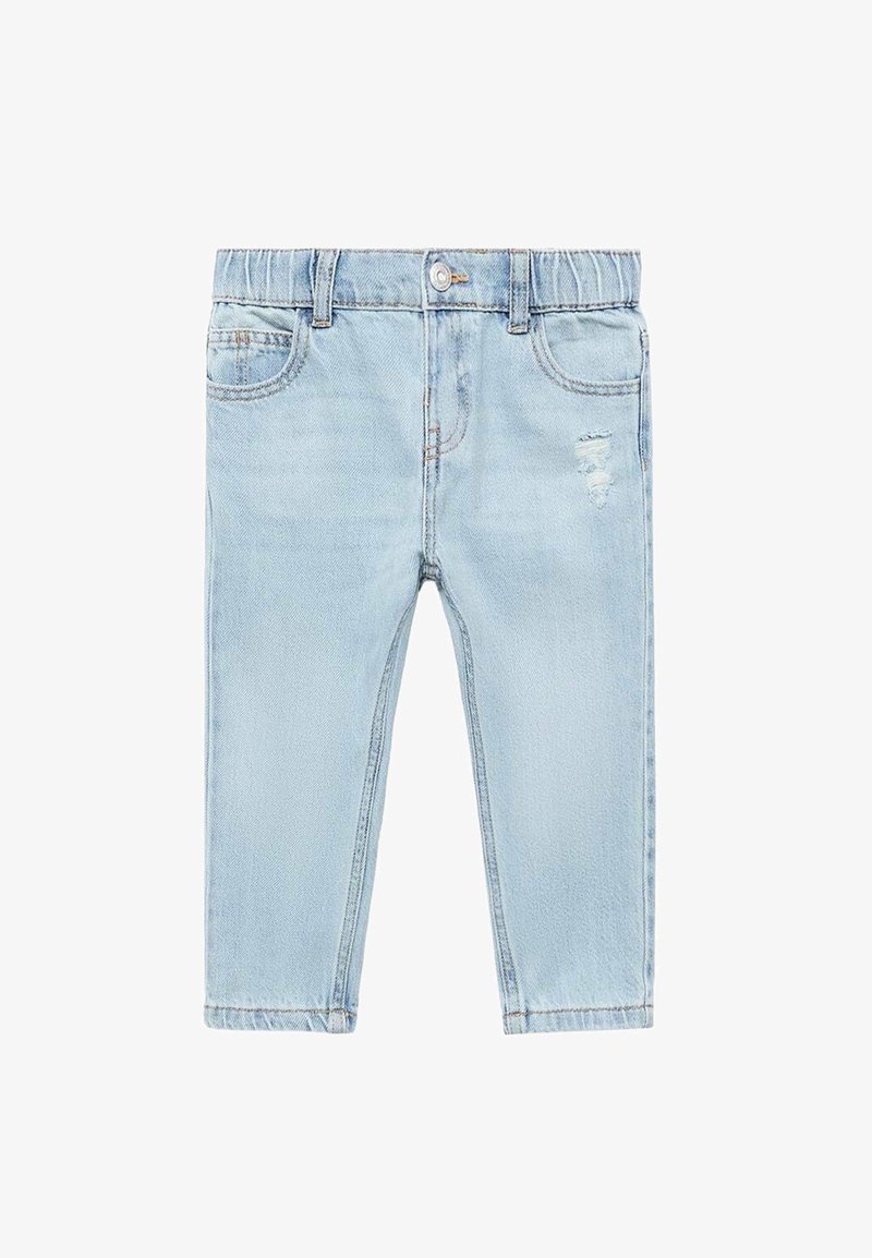 Jeans din denim de culoare albastru deschis, cu un spălare medie, având o talie elastică, cinci buzunare și detalii uzate pe partea din față a coapsei.