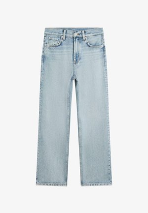 Lichtblauwe spijkerbroek met rechte pijpen, voorste knoopsluiting en ritssluiting, en klassiek ontwerp met vijf zakken.