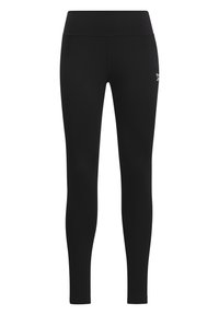 Mallas negras hechas de material elástico, con una cinturilla alta, ajuste ceñido y un diseño minimalista que incluye un pequeño logo en el lateral.