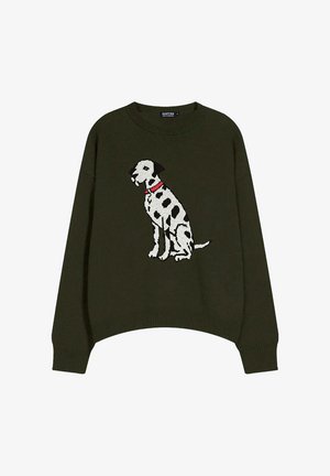 Suéter verde oliva con puños acanalados que presenta un diseño de dálmata en perfil en blanco y negro, adornado con un collar rojo.