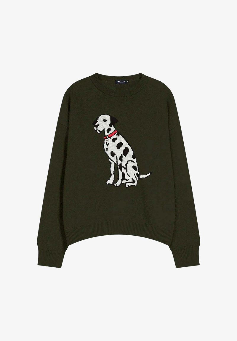 Suéter verde oliva con puños acanalados que presenta un diseño de dálmata en perfil en blanco y negro, adornado con un collar rojo.