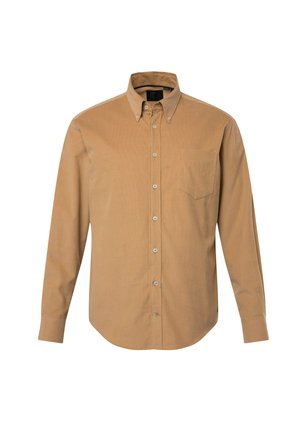Light brown button-up shirt in cotton fabric, featuring a pointed collar, front pocket, and pearlescent buttons, with a curved hemline.