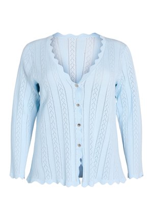 Svetlo modra pletena jopica z valovitimi robovi, dolgimi rokavi, vzorcem z diamantki in petimi sprednjimi gumbi.