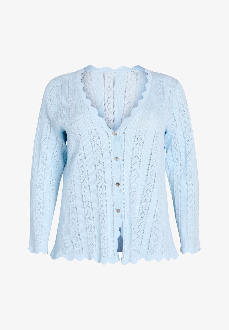 Cardigan azzurro chiaro lavorato a maglia con bordi smerlati, maniche lunghe, motivo a diamante e cinque bottoni frontali.
