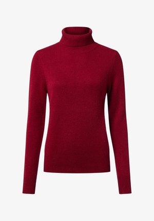Pull à col roulé rouge avec une texture en maille côtelée, doté de manches longues et d'une coupe ajustée, d'une couleur unie et sans embellissements visibles.