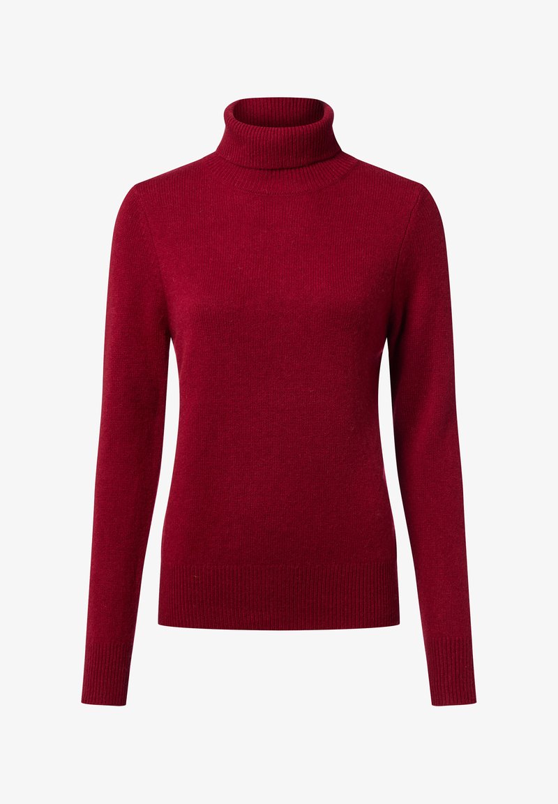 Pull à col roulé rouge avec une texture en maille côtelée, doté de manches longues et d'une coupe ajustée, d'une couleur unie et sans embellissements visibles.