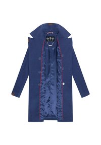 Navy coat featuring a structured design, double-breasted front, red piping, and a glossy blue satin lining. Includes notched collar and buttons.