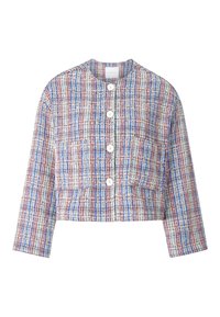 Kurze Jacke aus gewebtem Stoff mit einem blau, rot und weiß karierten Muster. Verfügt über einen runden Ausschnitt und eine Knopfleiste vorne.