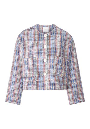 Kurze Jacke aus gewebtem Stoff mit einem blau, rot und weiß karierten Muster. Verfügt über einen runden Ausschnitt und eine Knopfleiste vorne.