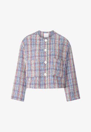 Kurze Jacke aus gewebtem Stoff mit einem blau, rot und weiß karierten Muster. Verfügt über einen runden Ausschnitt und eine Knopfleiste vorne.