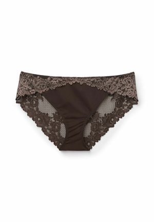 Sous-vêtements en dentelle marron pour femmes avec motifs floraux et un panneau central uni, étalés à plat sur un fond blanc.