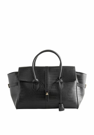 Black leather handbag with crocodile texture, double handles, flap closure, and side pockets with buckle details.