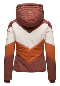 Polstrede jakke i brun, creme og orange med chevrondesign. Har en hætte, ribbede manchetter og et logo patch på ryggen.
