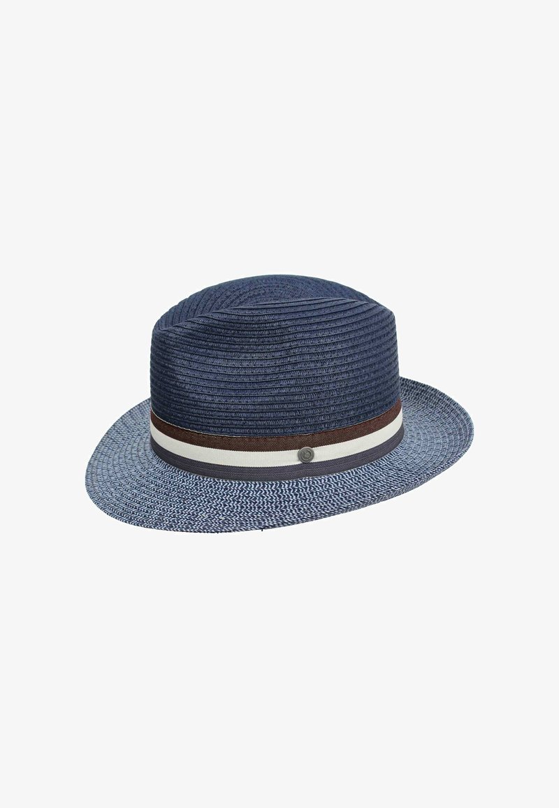 Navy blue straw hat with a round crown and wide brim, featuring a textured design, brown and white striped band, and a decorative metal accent.