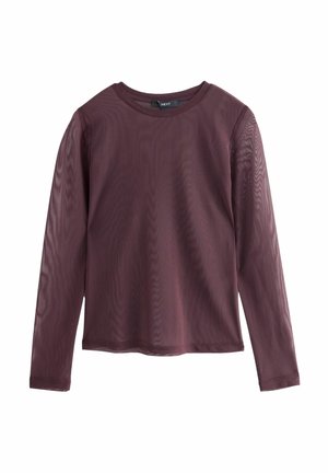 Haut en résille violet transparent à manches longues avec un col rond et une petite étiquette noire à l’intérieur du col indiquant "NEXT."